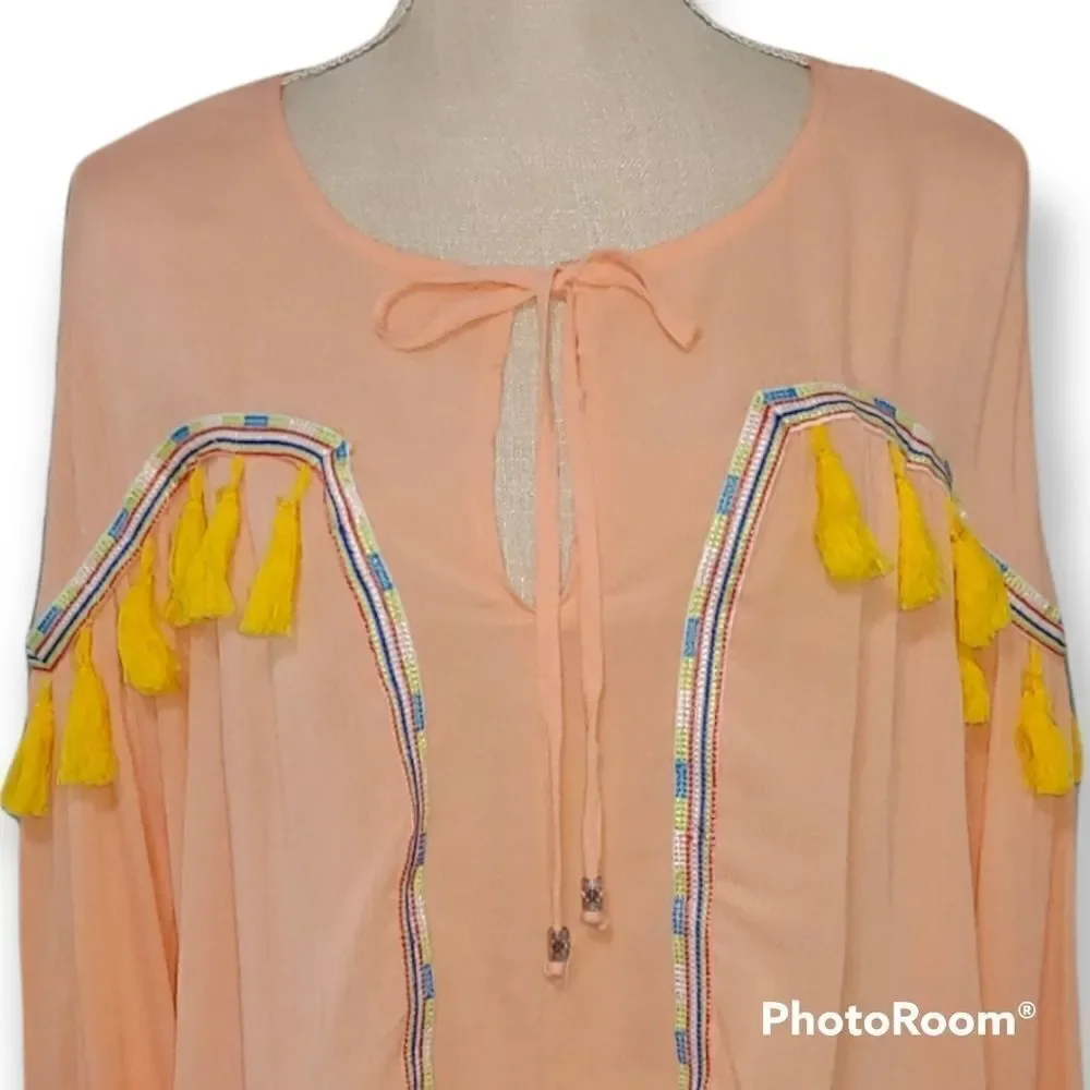 Gianni Bini medium orange long sleeve tassels boho peasant flowy top - Picture 3 of 7